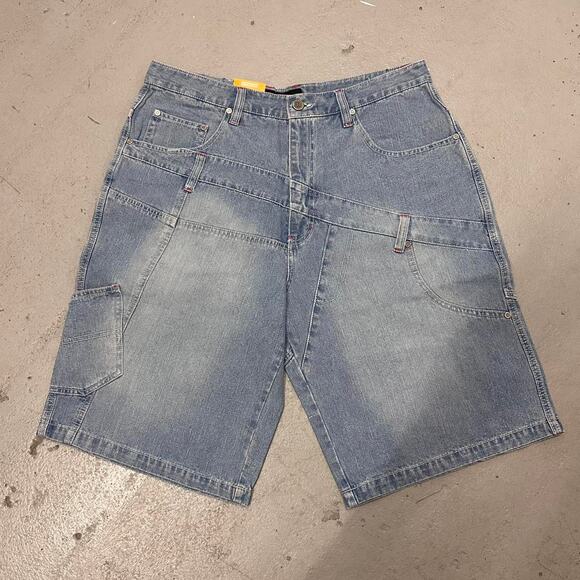 Vintage Baggy Y2k Urban Wide Leg Delf Wash Faded Blue Denim Jean Short Men Sz 36
